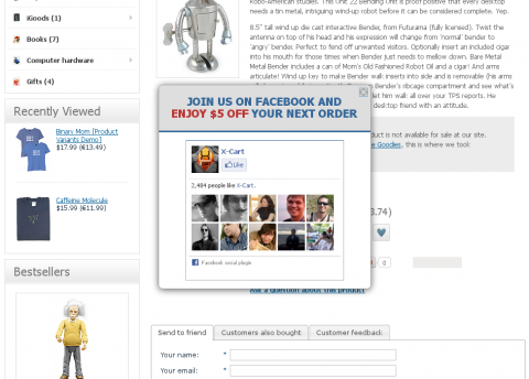 popup anywhere:discount for facebook like